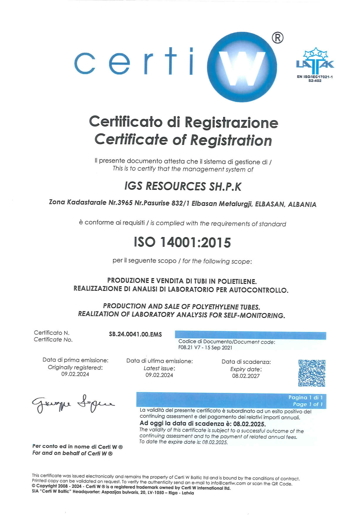 IGS Resources iPlast Albania ISO14001:2015