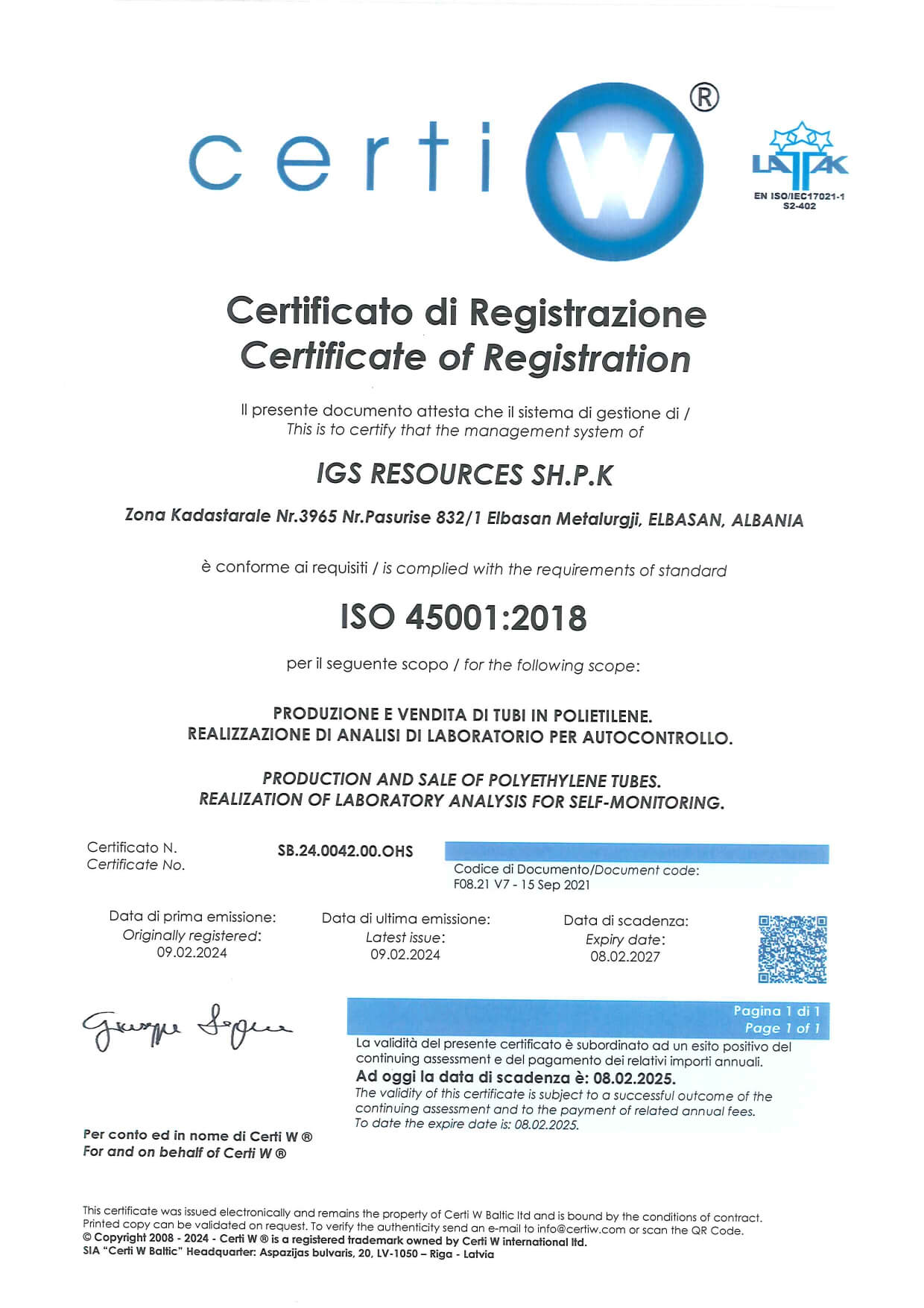 IGS Resources iPlast Albania ISO45001:2018