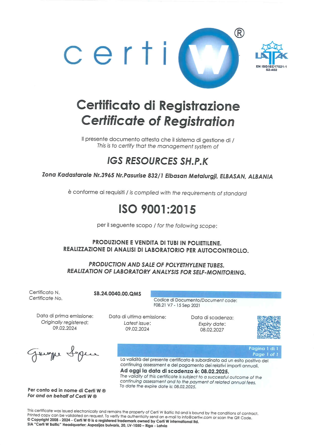 IGS Resources iPlast Albania ISO9001:2015